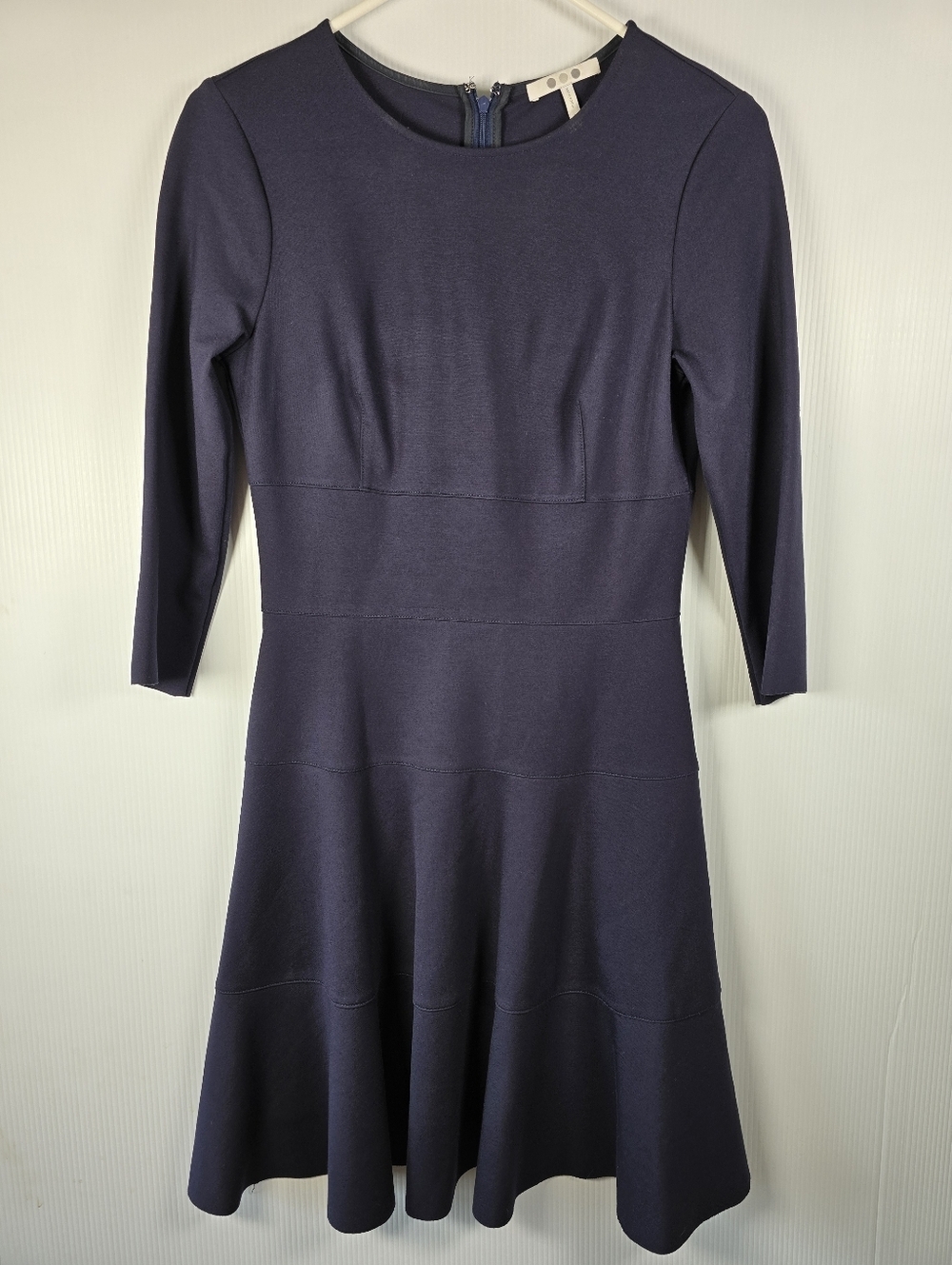 NWOT 3 Dots Classic Navy Fit-and-Flare Dress 3/4 Sleeves Knee Length Raw Hem S